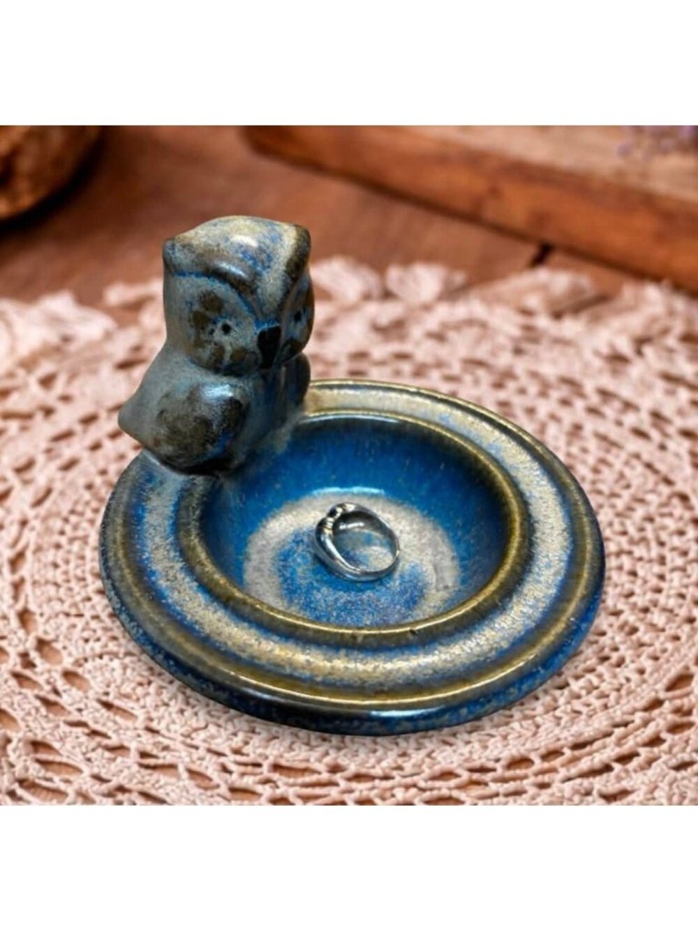 Vintage Pottery Owl Ring Holder Dish In Blue & Gray Tones Trinket Catchall